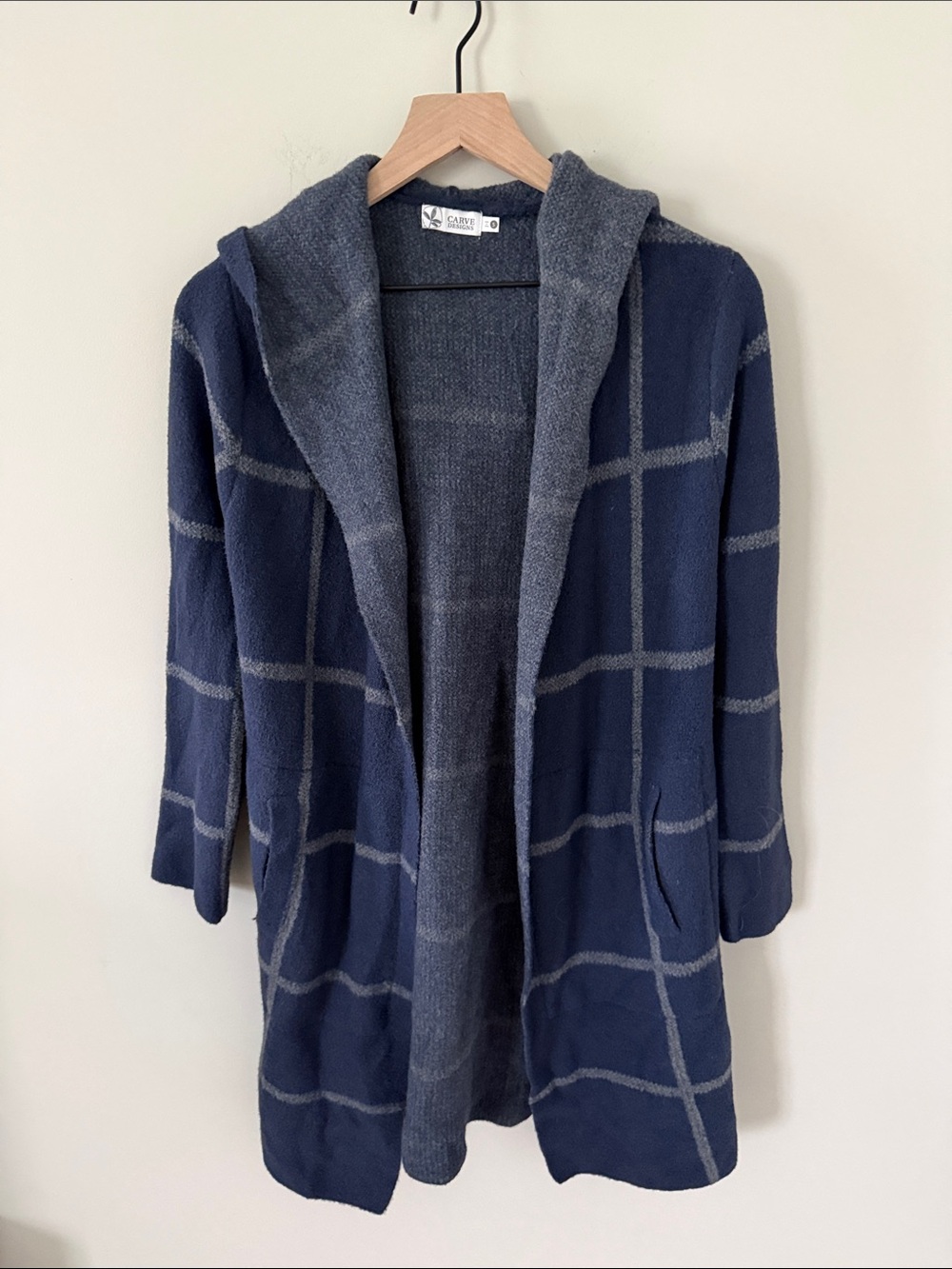 Carve Designs Navy and Gray Hooded longline Open Cardigan